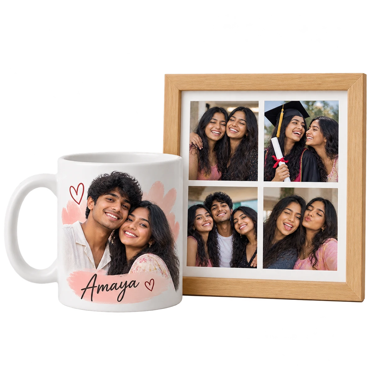 Personalised couple photo mug and framed collage of teen friends
