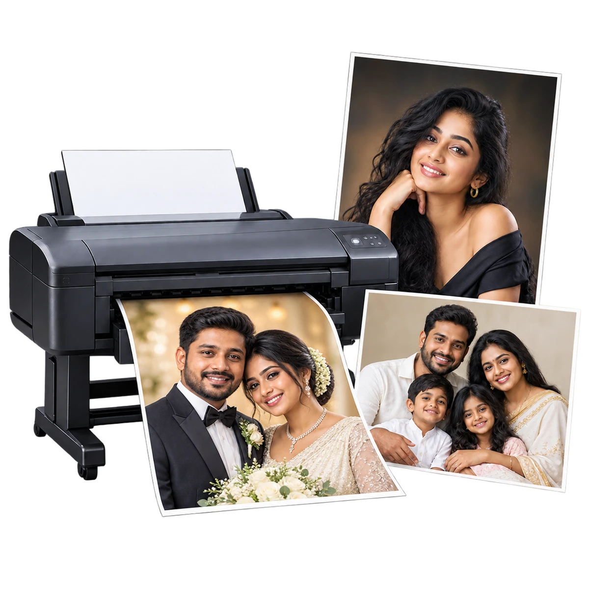Illustrative photo printer producing a wedding photo beside individual and family portrait enlargements