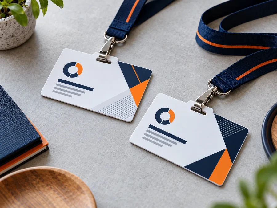 Illustrative private-company ID cards with navy lanyards and abstract details