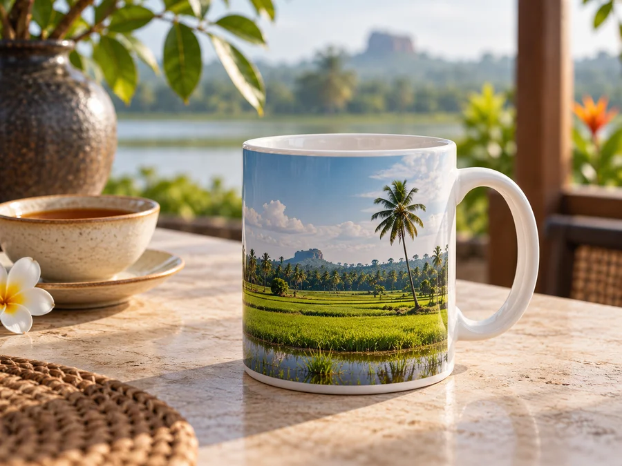Illustrative ceramic photo mug printed with Sri Lankan paddy fields, with Ceylon tea