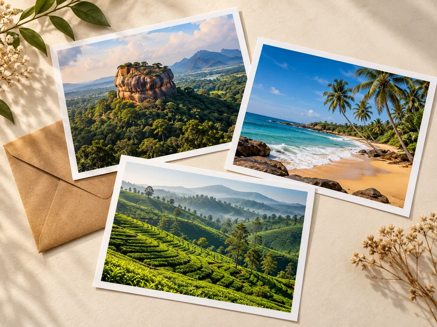 Illustrative photo prints of Sigiriya, a Sri Lankan beach and hill-country tea terraces