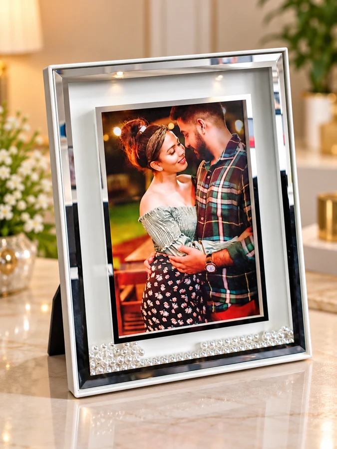 Romantic Couple in a Silver Beaded Frame