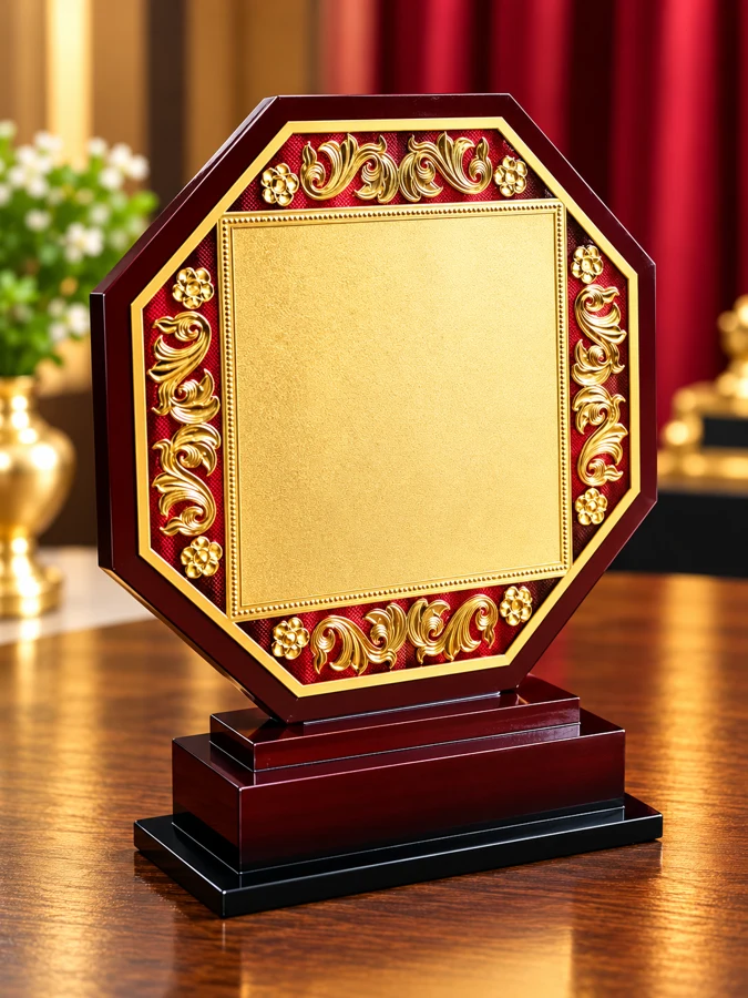 Ornate Golden Plaque on Mahogany Base