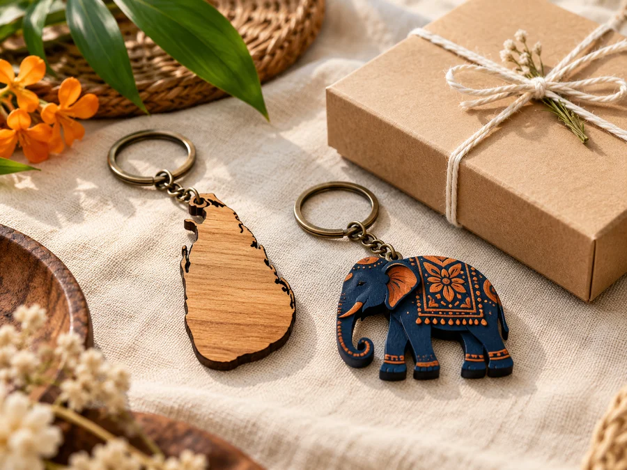 Illustrative Sri Lanka island-shaped wooden keyring and elephant keepsakes