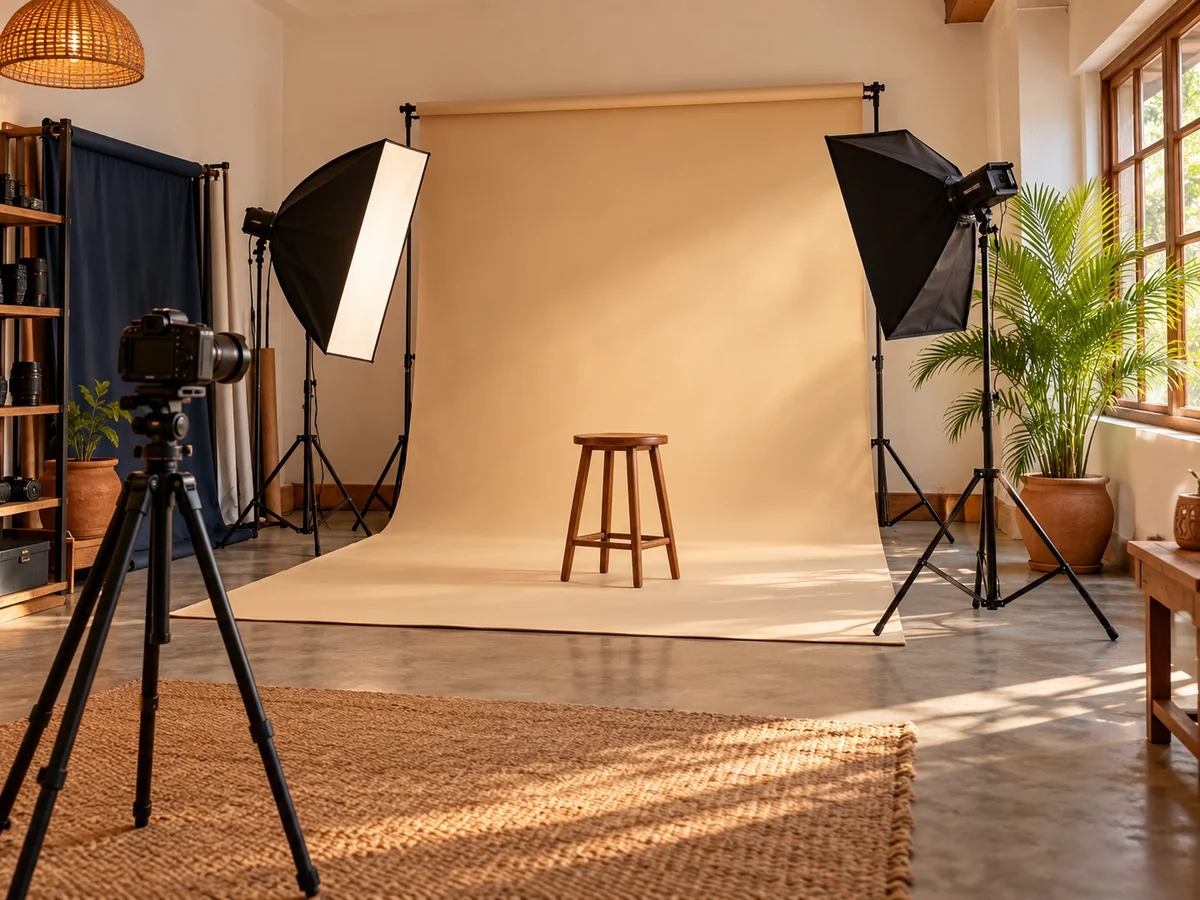 Illustrative photography studio setup with a backdrop, posing stool, camera and softbox lights