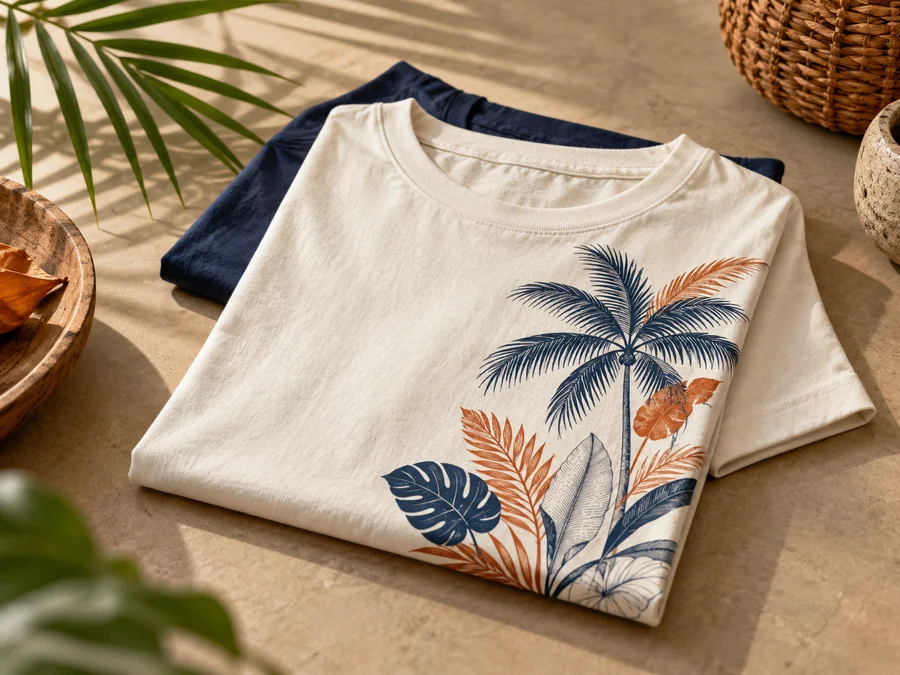 Illustrative cotton T-shirts with a tropical palm-leaf design